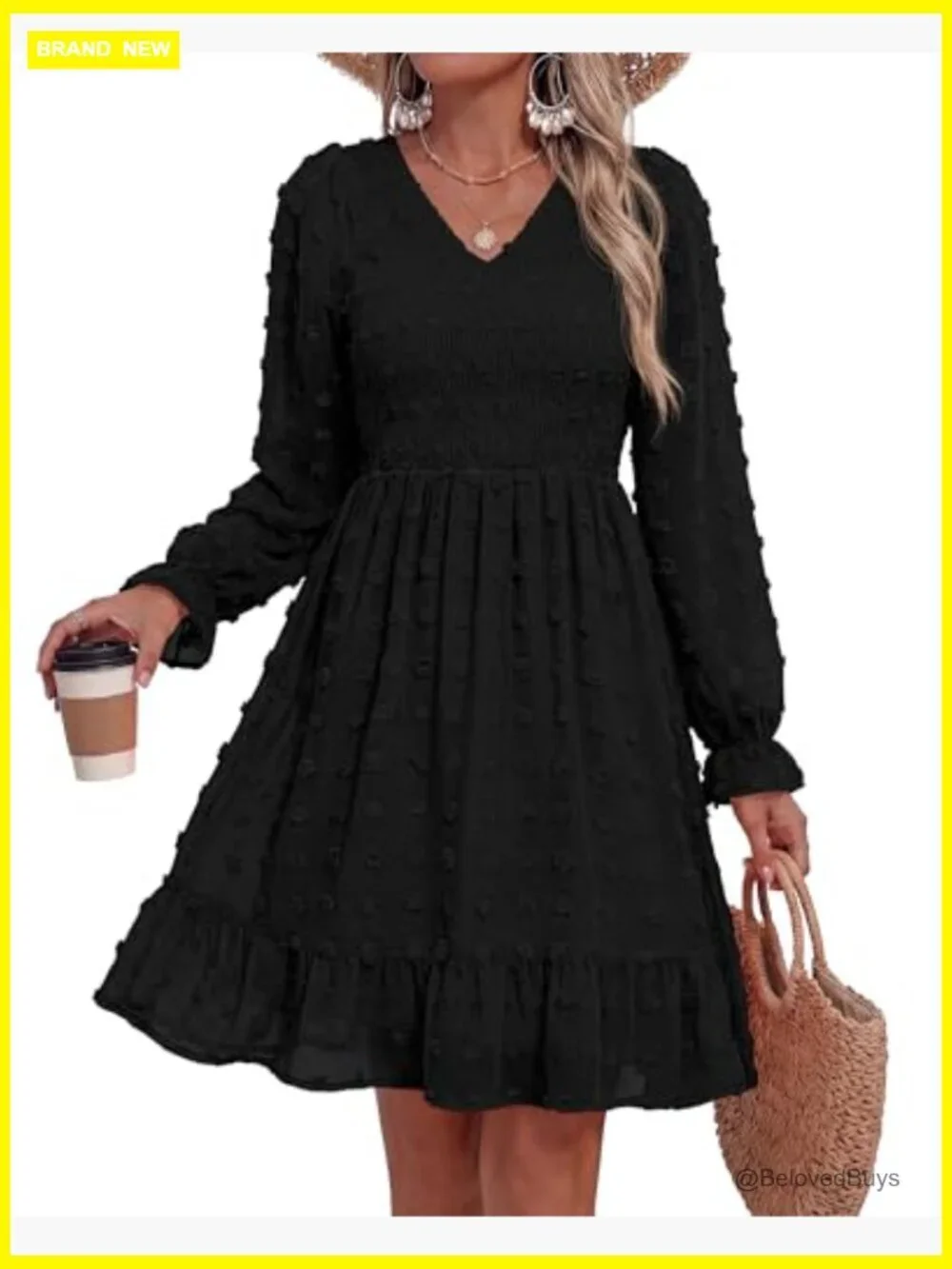 Long Sleeve V Neck Swiss Dot Smocked Ruffle Chiffon Flow Mini Dress